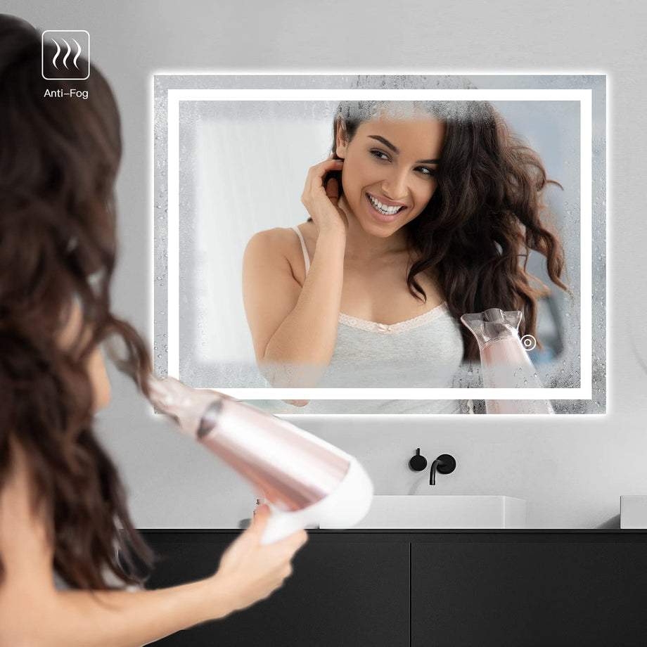 Dripex Bathroom Mirror with LED Lights, 600*800 MM Illuminated Bathroom Mirror Wall Mounted Vanity Mirror, Bathroom Light Mirror with Demister Pad, Horizontal/Vertical