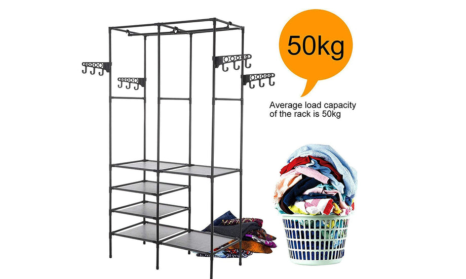 iropro Heavy Duty Metal Garment Rail Clothes Rail Hanging Display Rail With 4-Tier Storage Shelf for Boxes Shoes, Free Standing Clothing Rail Coat Rack with Hooks for Bags, Hats, Towel