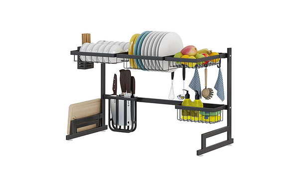 Dish Drying Rack Over Sink, iropro Stainless Steel Multi-Function Sink Dish Storage Drain Rack, Large Dish Drainer Shelf with Utensil Holder, Kitchen Space Save Must Have(Size: 85 x32 x52cm,Black)