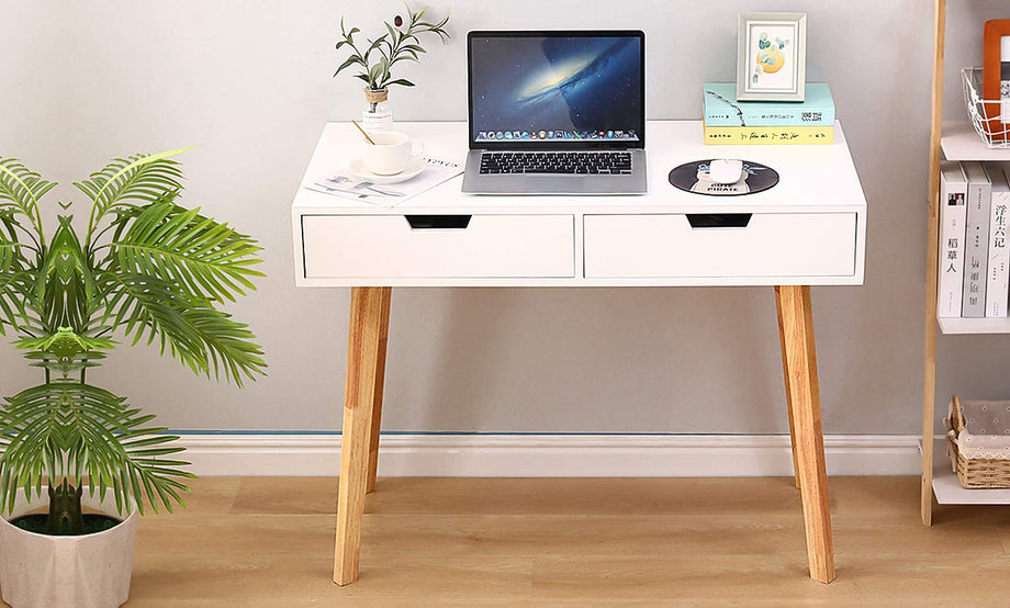 Dripex White Computer Desk, Office Desk PC Laptop Notebook Desk Writing Study Table Workstation with 2 Storage Drawers for Home Office Furniture