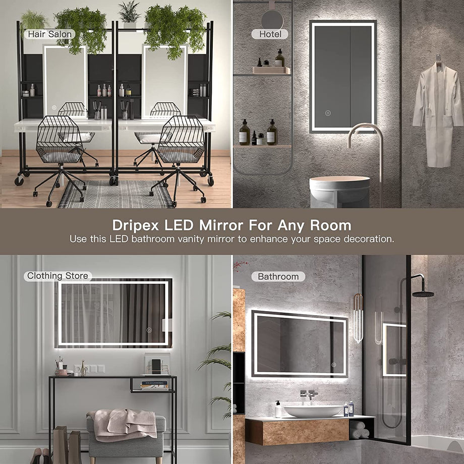 Dripex Bathroom Mirror with LED Lights, 1000*600 MM Illuminated Bathroom Mirror Wall Mounted Vanity Mirror, Bathroom Light Mirror with Demister Pad, Horizontal/Vertical