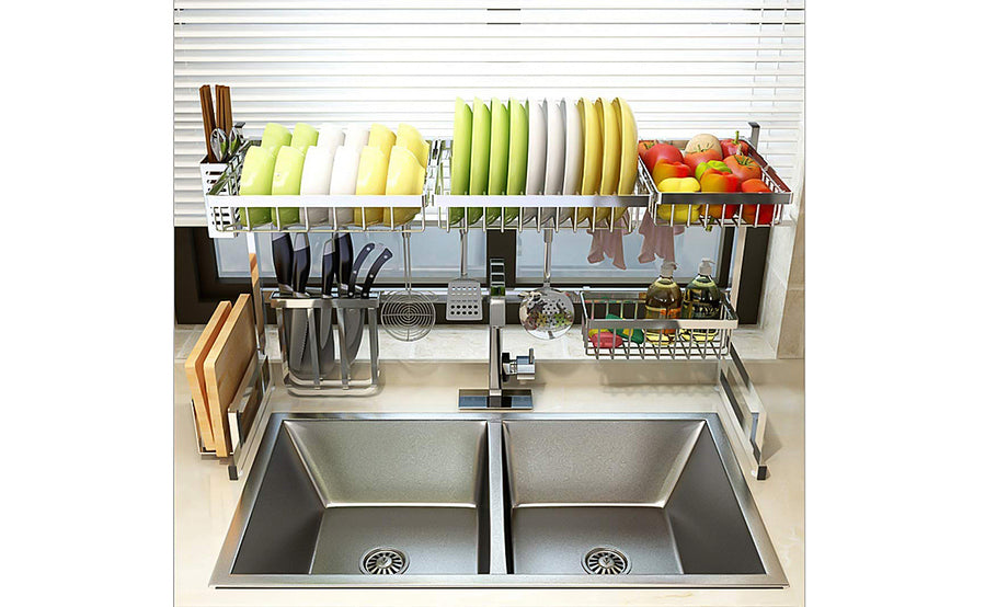 Dish Drying Rack Over Sink, iropro Stainless Steel Multi-Function Sink Dish Storage Drain Rack, Large Dish Drainer Shelf with Utensil Holder, Kitchen Space Save Must Have(Size: 85 x32 x52cm,Black)