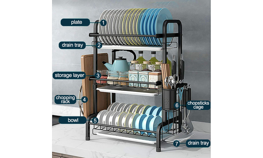 Iropro 3 Tier Dish Drainer Rack with Tray, Black Stainless Steel Kitchen Cutlery Storage Rack, Hanging Wall Mount Drying Organizer Storage Shelf Drainer for Dishes, Bowls, Utensils