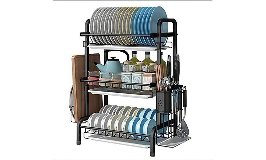 Iropro 3 Tier Dish Drainer Rack with Tray, Black Stainless Steel Kitchen Cutlery Storage Rack, Hanging Wall Mount Drying Organizer Storage Shelf Drainer for Dishes, Bowls, Utensils