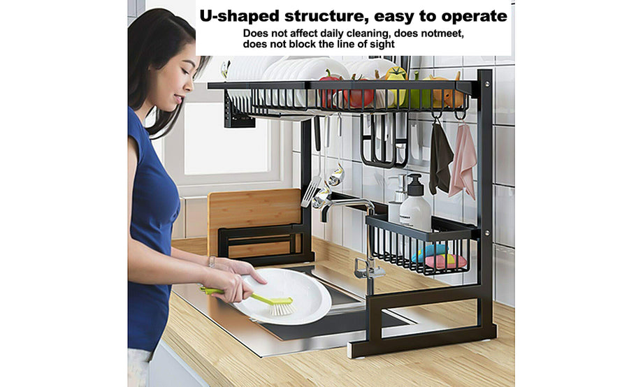 Dish Drying Rack Over Sink, iropro Stainless Steel Multi-Function Sink Dish Storage Drain Rack, Large Dish Drainer Shelf with Utensil Holder, Kitchen Space Save Must Have(Size: 85 x32 x52cm,Black)